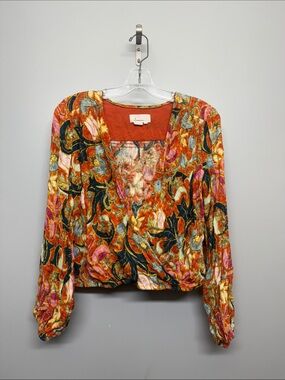 Anthropologie Coral Colorful Wrap Swoop Peasant Blouse Top